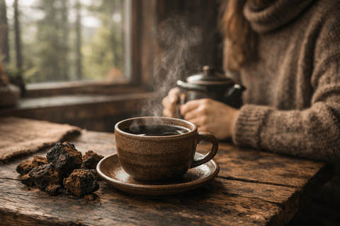 Chaga mushroom tea in a rustic cup on a wooden table with dried chaga chunks, steam rising as a person prepares tea in a Northern forest setting.