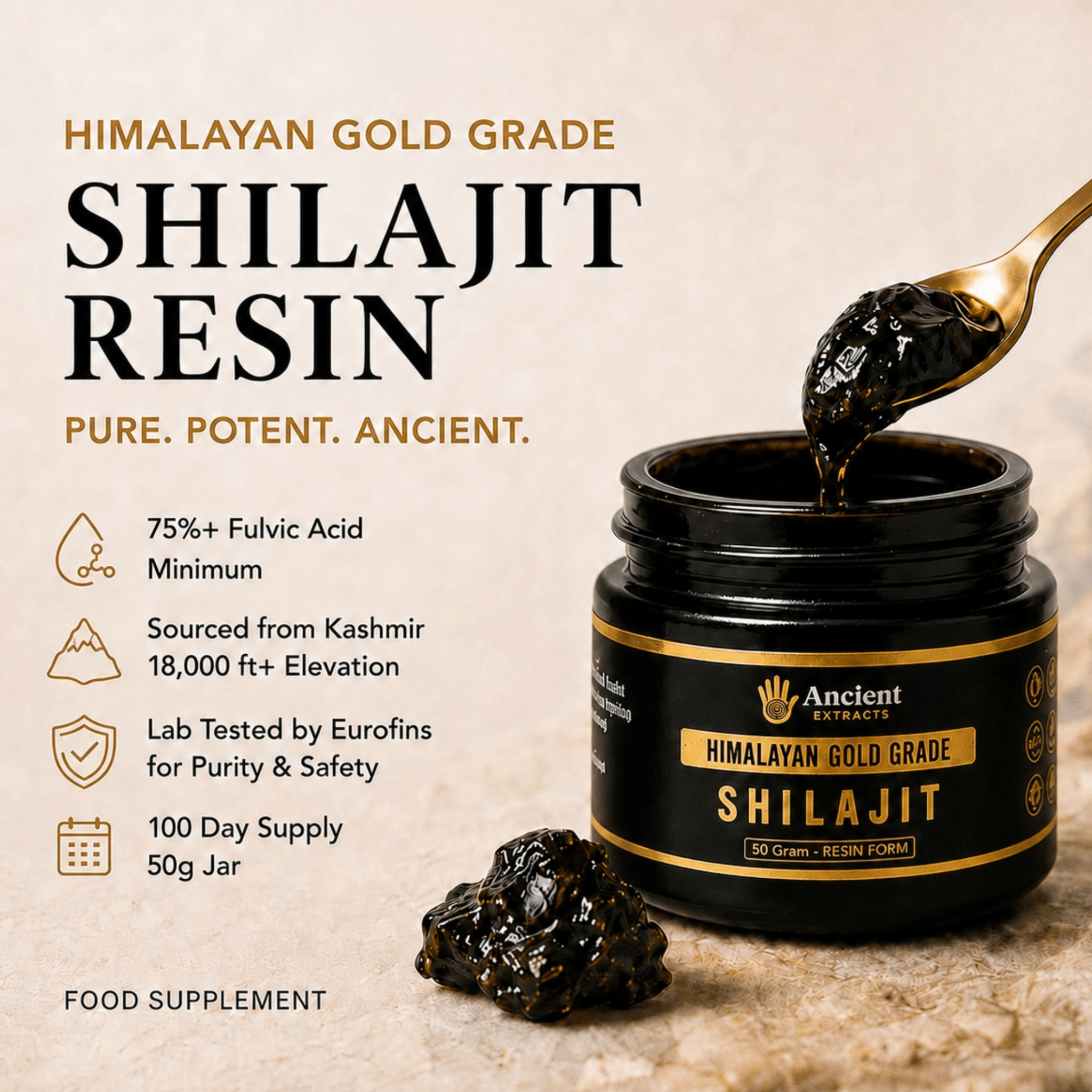 Ancient Extracts Pure Shilajit Resin jar with 75% fulvic acid, Kashmir sourcing and lab tested purity