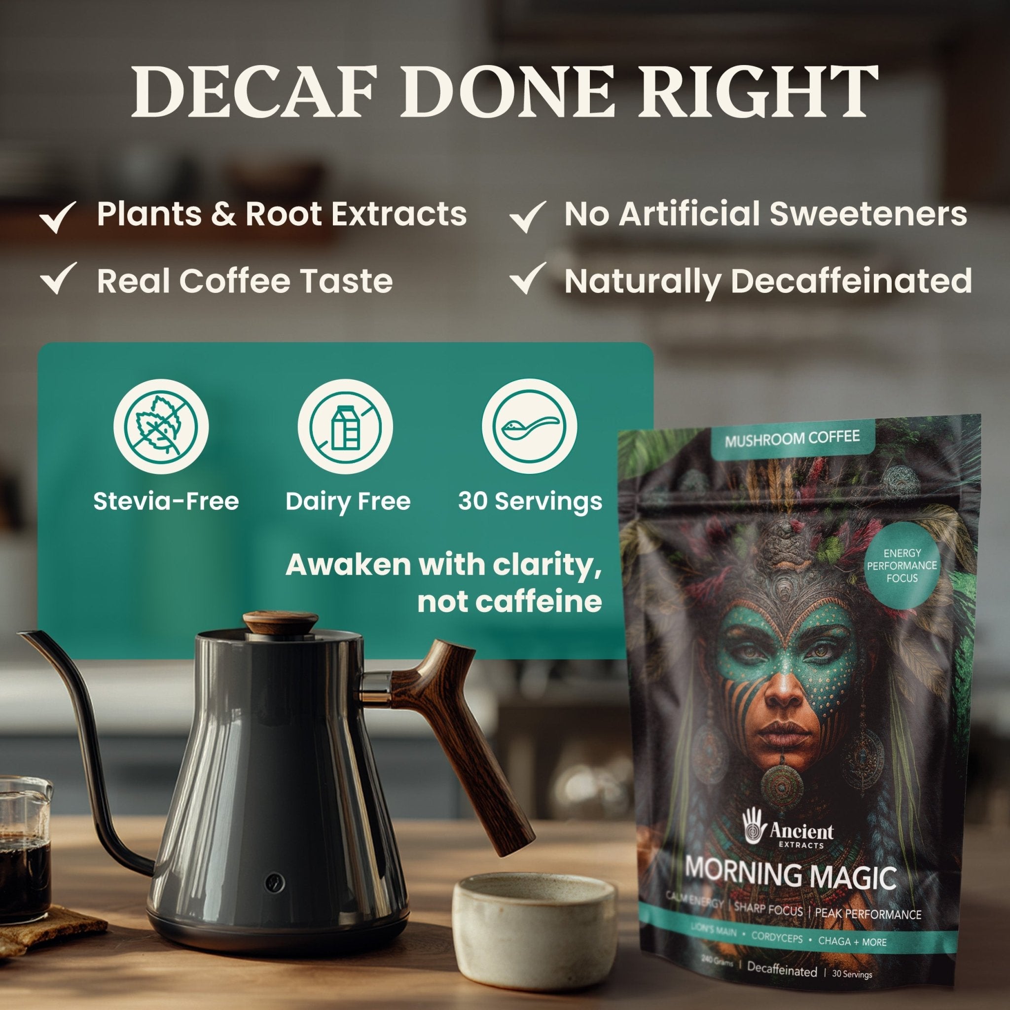 Decaf coffee package with a kettle and cup on a wooden table, featuring 'Morning Magic' brand.