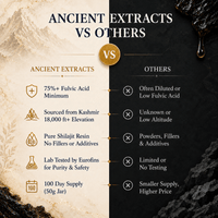 Ancient Extracts Pure Shilajit Resin comparison chart showing fulvic acid content, Kashmir sourcing, no fillers, lab testing and 100 day supply