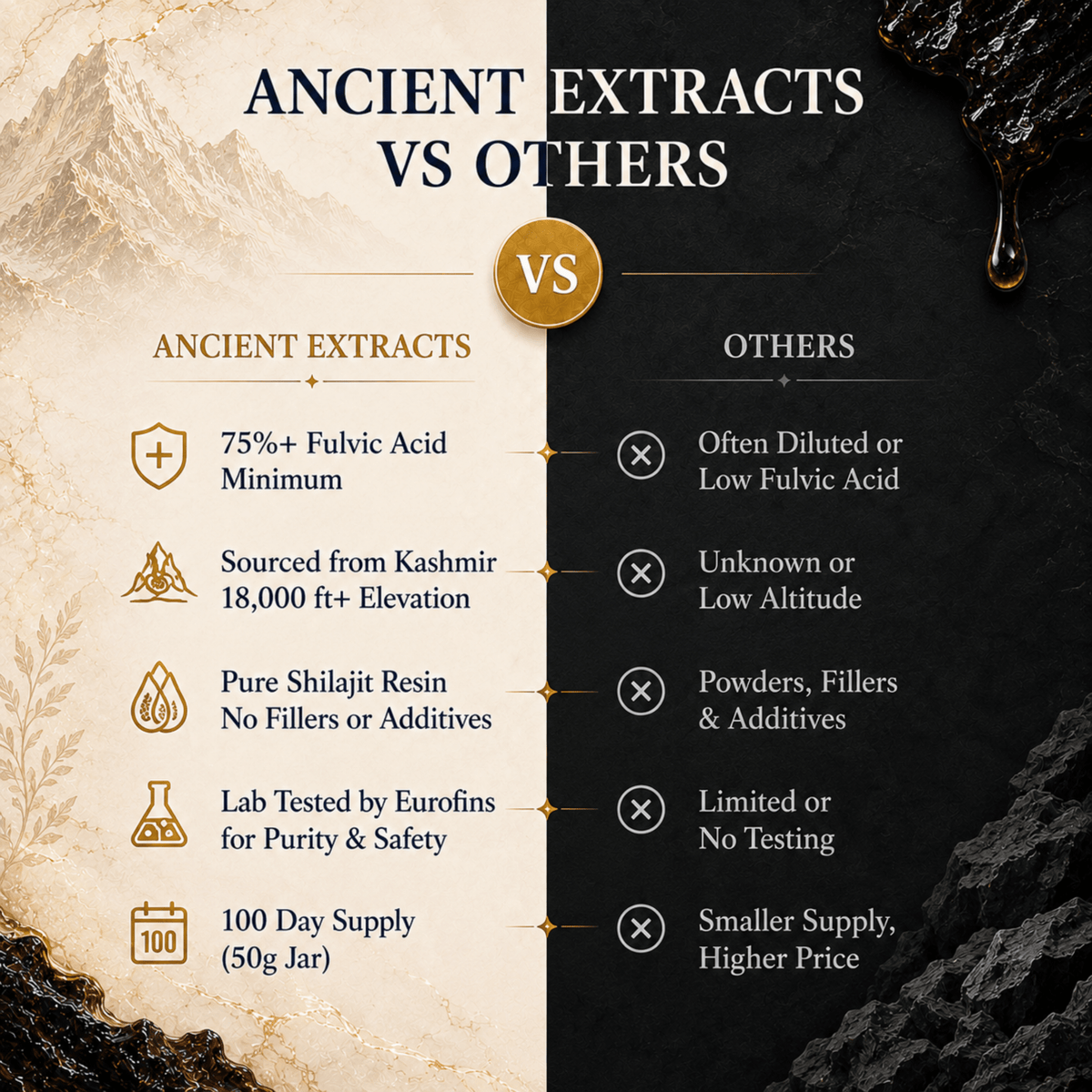 Ancient Extracts Pure Shilajit Resin comparison chart showing fulvic acid content, Kashmir sourcing, no fillers, lab testing and 100 day supply