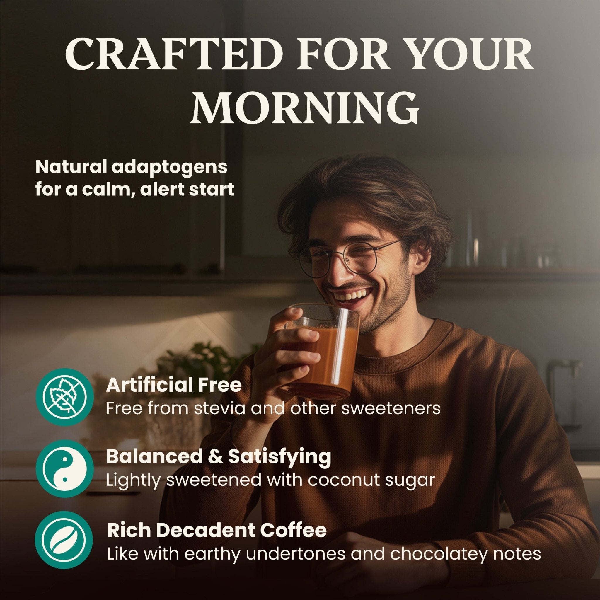Man drinking a coffee-like beverage with text about natural adaptogens and product features.