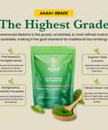 Image of Ceremonial Matcha packaging with green matcha powder and tea leaves, highlighting its AAAA+ grade and health benefits – Ancient Extracts