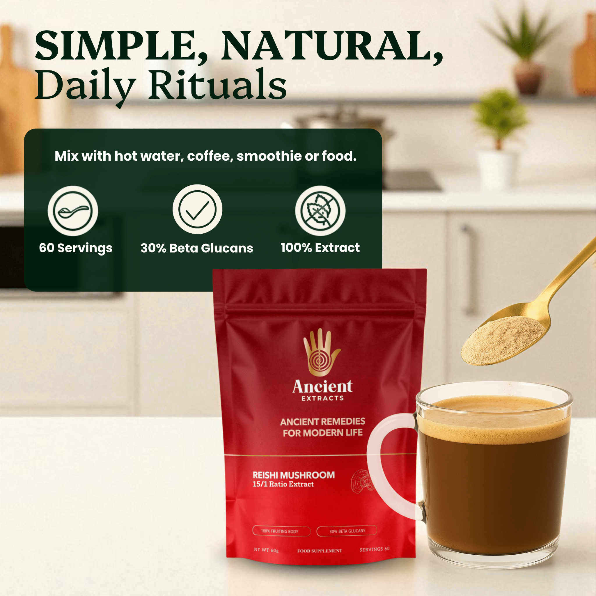 Reishi Mushroom Extract Powder - 30% Beta-glucan (60g)